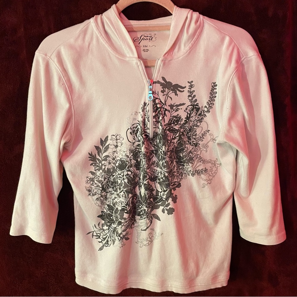 Style & co. quarter sleeve hoodie with grey floral design